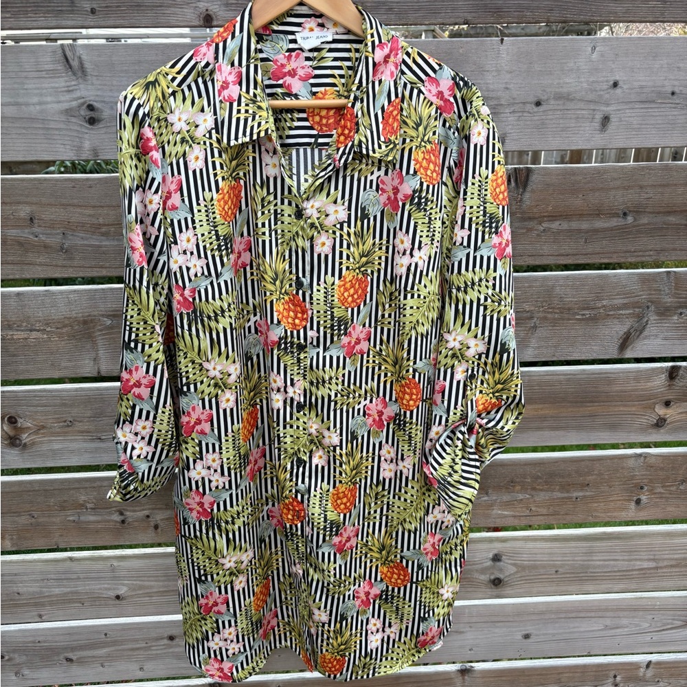 Tribal long length Tropical Floral Striped Shirt size XL